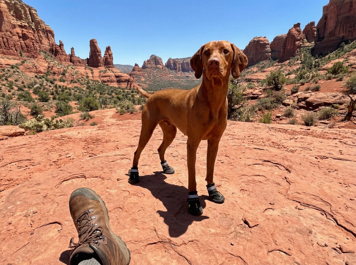 Vizsla wearing PawShield Pro hiking in Arizona desert