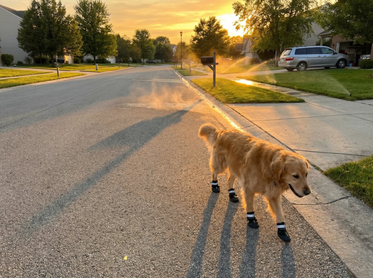 Golden Retriever walking at sunset wearing PawShield Pro